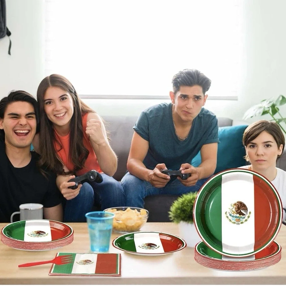 96Pcs Mexico Flag Birthday Party Supplies Mexican Flag Party Plates Napkins Fork